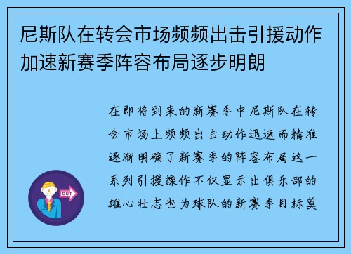尼斯队在转会市场频频出击引援动作加速新赛季阵容布局逐步明朗