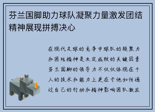 芬兰国脚助力球队凝聚力量激发团结精神展现拼搏决心